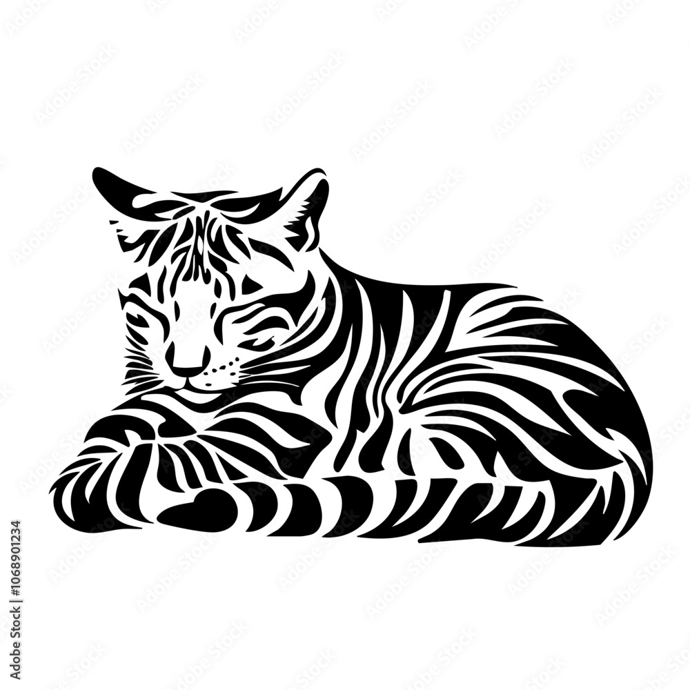 A Bengal cat lies peacefully in a curled position, showcasing its unique fur patterns and distinct stripes against a minimalist vector design A Bengal cat lies peacefully in a curled position, showcasing its unique fur patterns and distinct stripes against a minimalist vector design