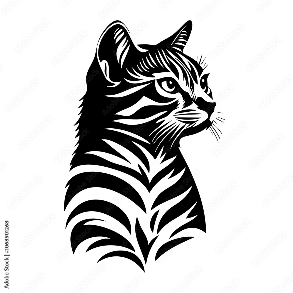 A close-up vector illustration of a Bengal cat showcasing its distinctive stripes and alert expression, set against a simple background suitable for various design applications A close-up vector illustration of a Bengal cat showcasing its distinctive stripes and alert expression, set against a simple background suitable for various design applications