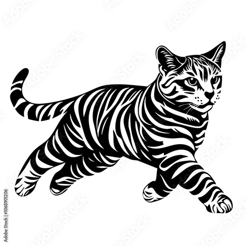 A sleek and agile Bengal cat gracefully leaps forward, showcasing its distinctive coat pattern and playful energy in a dynamic pose against a clear backdrop