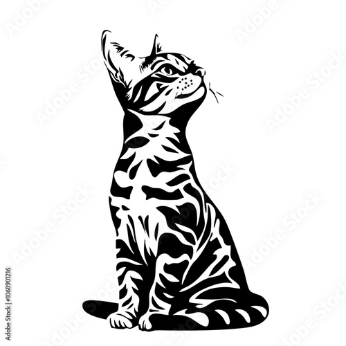 A striking Bengal cat with distinct markings sits gracefully, showcasing its elegant posture and curious expression against a minimalist vector design