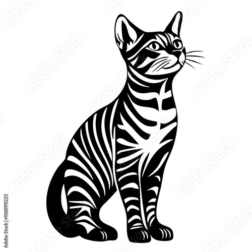 A striking Bengal cat sitting elegantly, showcasing its unique black and white striped coat against a minimalist vector design in a contemporary artistic style