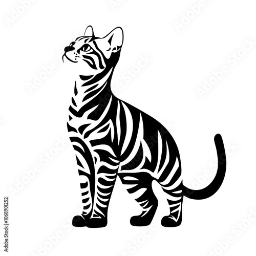 Bengal cat in striking black and white vector design, gracefully posed, showcasing distinctive coat markings and alert demeanor, perfect for feline art enthusiasts