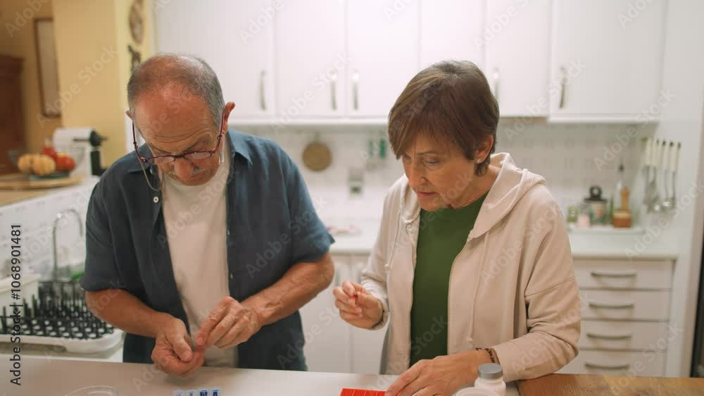 Senior couple in warm kitchen, wife teaching husband how to organize pills. Dressed in casual clothing, engaged in daily health routine together at home. Zoomed-out, horizontal Senior couple in warm kitchen, wife teaching husband how to organize pills. Dressed in casual clothing, engaged in daily health routine together at home. Zoomed-out, horizontal