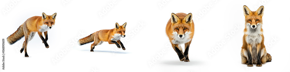 Red Fox Wild Life Animal Set, Isolated on A White Background Red Fox Wild Life Animal Set, Isolated on A White Background