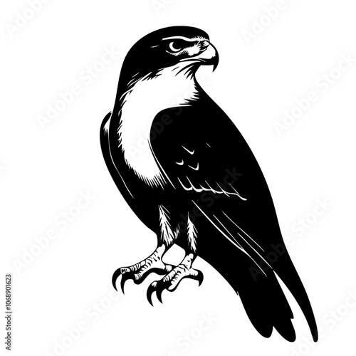 A striking black and white vector illustration of a majestic hawk perched confidently, showcasing its sharp features and powerful stance, captured in a timeless design style