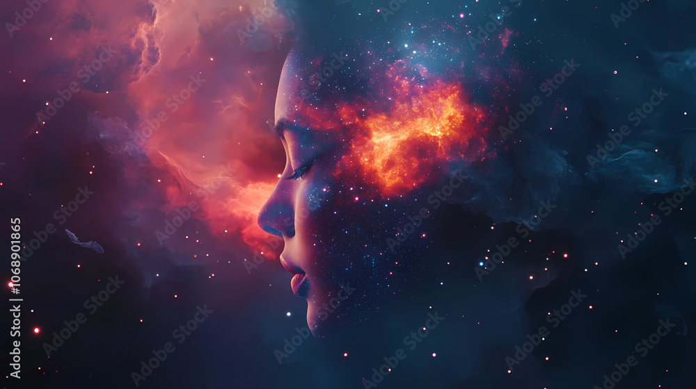 Abstract digital portrait of a woman merging with a cosmic nebula symbolizing the fusion of beauty and the universe. Cosmic. Illustration Abstract digital portrait of a woman merging with a cosmic nebula symbolizing the fusion of beauty and the universe. Cosmic. Illustration