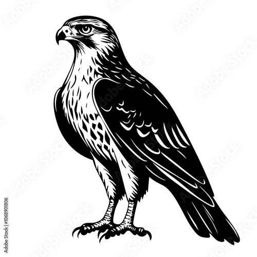 Detailed vector illustration of a hawk standing proudly with its sharp talons and striking features, showcasing the majesty of this bird of prey