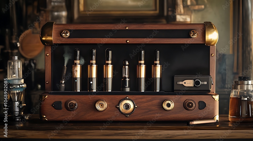 A wooden box with golden accents containing six vape pens, a device for vaping, and a small black rectangle. There is a glass container in the background with a dark liquid. A wooden box with golden accents containing six vape pens, a device for vaping, and a small black rectangle. There is a glass container in the background with a dark liquid.