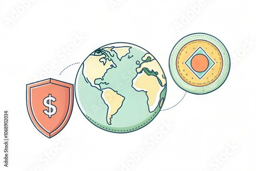 globe between red shield dollar sign coin, finance business international global photo