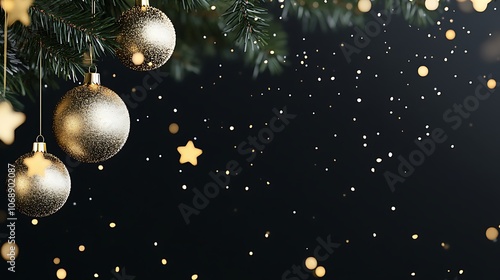 Magical Christmas Ornaments and Stars Hanging from Pine Branches