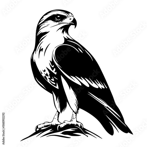 A striking vector illustration of a majestic hawk perched on a rock, showcasing its sharp features and fierce gaze against a minimalist aesthetic