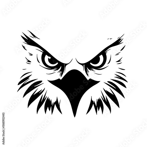 Stylized black and white owl head design featuring intense eyes and detailed feathers, ideal for graphic use or artistic projects