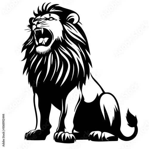 A detailed vector illustration of a roaring lion showcasing its powerful stance and majestic mane, symbolizing strength and courage in a wild setting