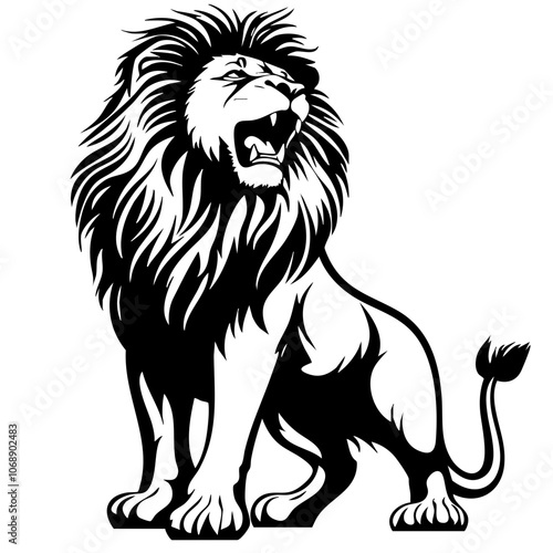 A majestic roaring lion stands proudly, displaying its powerful mane and fierce expression in a vibrant vector design, symbolizing strength and courage in a natural setting