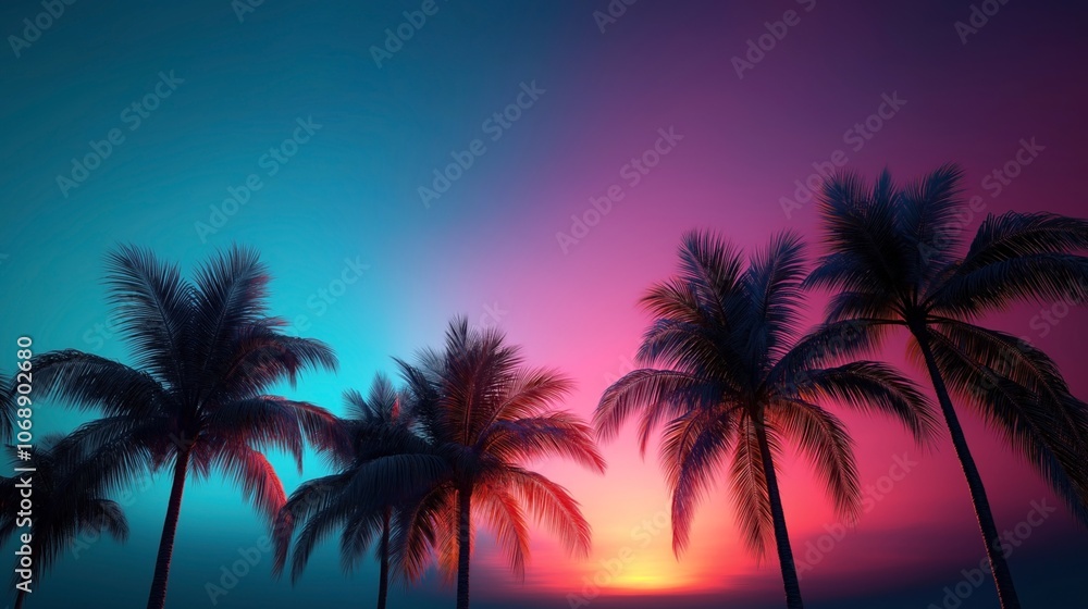 Silhouetted palm trees against a vibrant colorful sunset with a gradient sky ranging from blue to pink and purple hues creating a tropical and serene atmosphere. Silhouetted palm trees against a vibrant colorful sunset with a gradient sky ranging from blue to pink and purple hues creating a tropical and serene atmosphere.