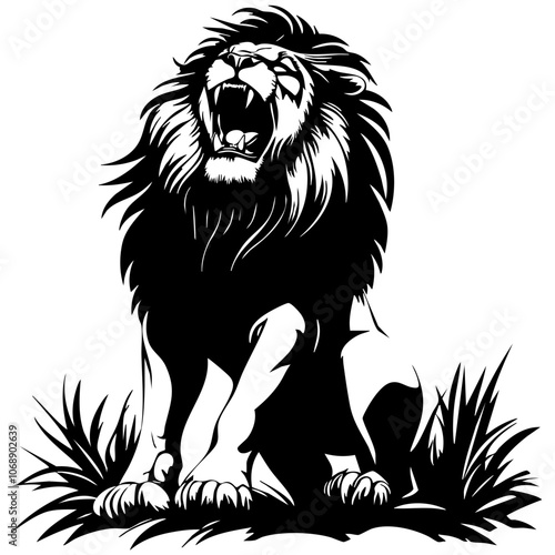 A majestic lion roaring fiercely, showcasing its strength and power, surrounded by grass in a striking vector design that emphasizes wild beauty and nature's grandeur