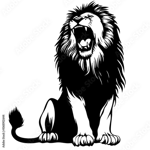 A roaring lion displays its impressive mane while sitting proudly, showcasing its fierce demeanor in a powerful and majestic pose