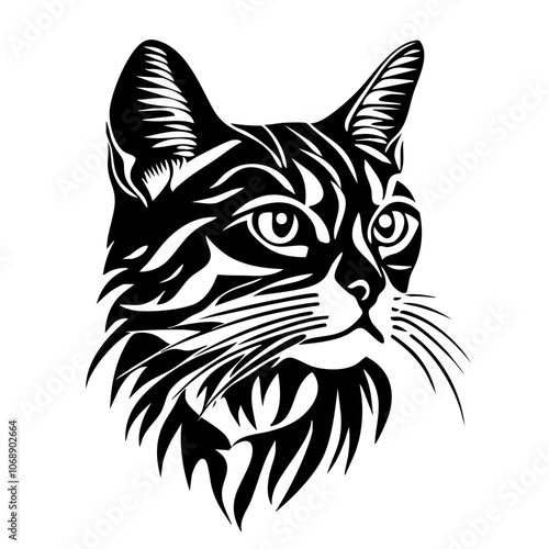 Stylized vector illustration of a Bengal cat showcasing intricate patterns and striking facial features, capturing the essence of its wild elegance in a captivating design