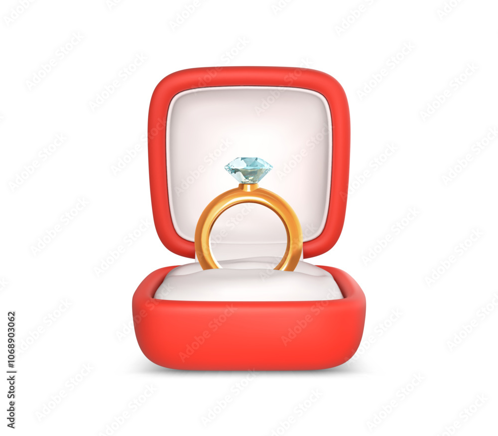 Engagement ring with precious stone in open box. Wedding gold ring and diamond in red case. Accessory for marriage proposal. Vector illustration in cartoon style Engagement ring with precious stone in open box. Wedding gold ring and diamond in red case. Accessory for marriage proposal. Vector illustration in cartoon style