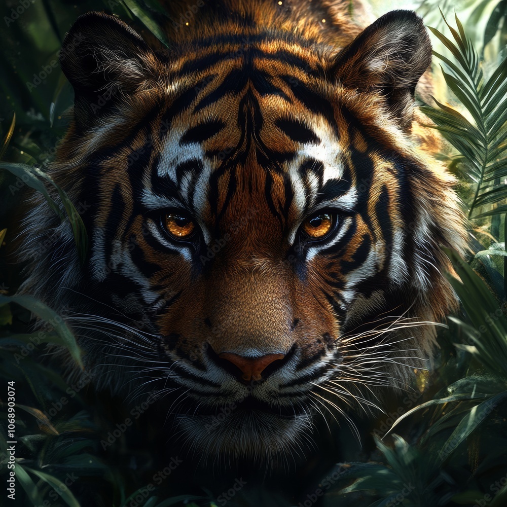 Majestic Tiger in Lush Greenery Staring Intently Majestic Tiger in Lush Greenery Staring Intently