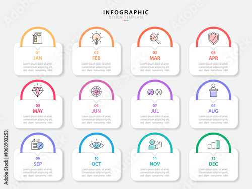 Timeline Creator infographic template. 12 months timeline journey, 1 year calendar infographics design template. presentation graph. Business concept with 12 options or steps, vector illustration.