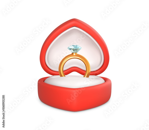 Engagement ring with precious stone in open box. Wedding gold ring and diamond in red case. Accessory for marriage proposal. Vector illustration in cartoon style