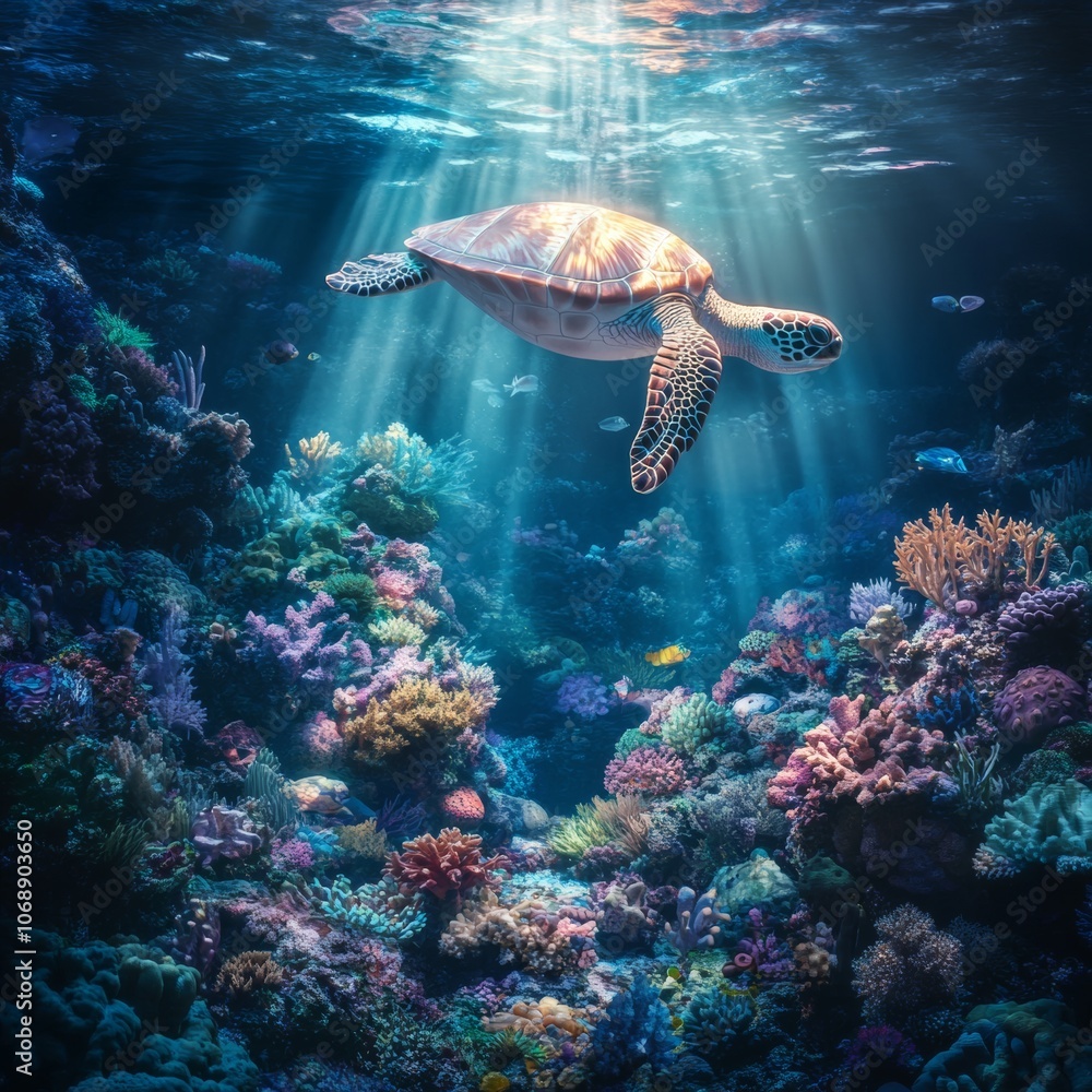 Naklejka premium Serene Sea Turtle Swimming in Coral Reef Paradise