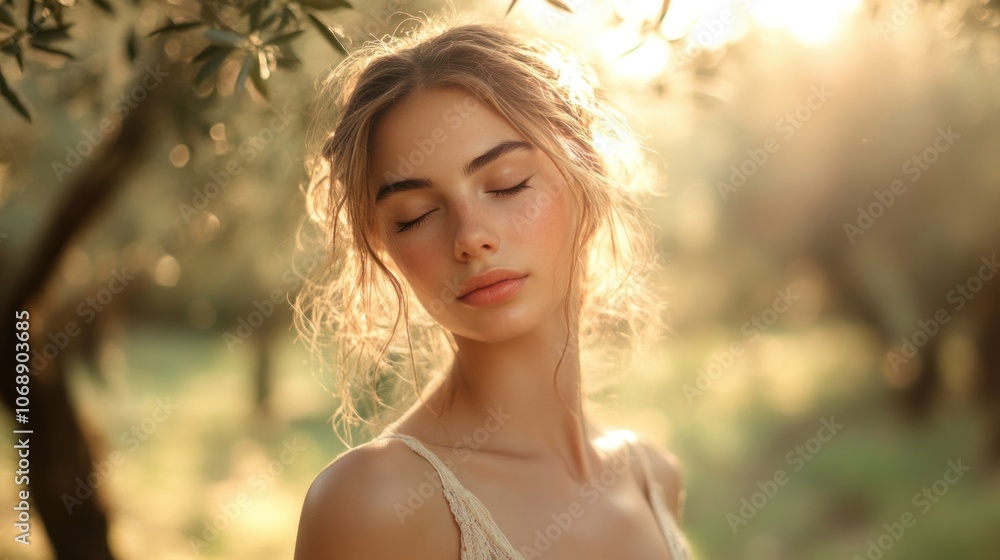 A Croatian beauty with natural makeup, standing in a sunlit olive grove with a serene expression A Croatian beauty with natural makeup, standing in a sunlit olive grove with a serene expression