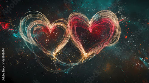 An abstract depiction of love with two intertwined hearts made of neon light trails against a dark, galaxy-like background, filled with cosmic dust and sparkles. Cosmic. Illustration photo