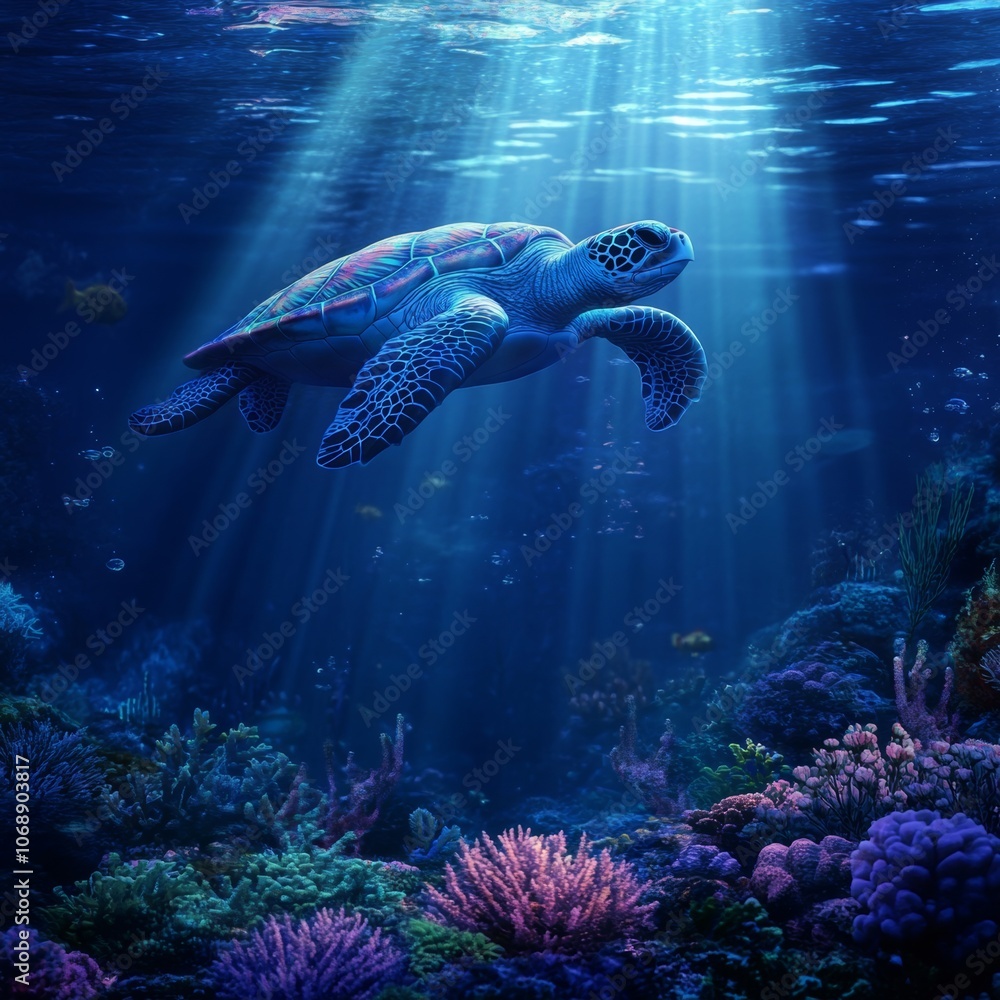 Fototapeta premium Graceful Sea Turtle Swimming in Vibrant Coral Reef
