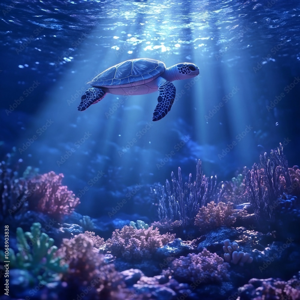 Fototapeta premium Graceful Sea Turtle Amid Vibrant Coral Reef