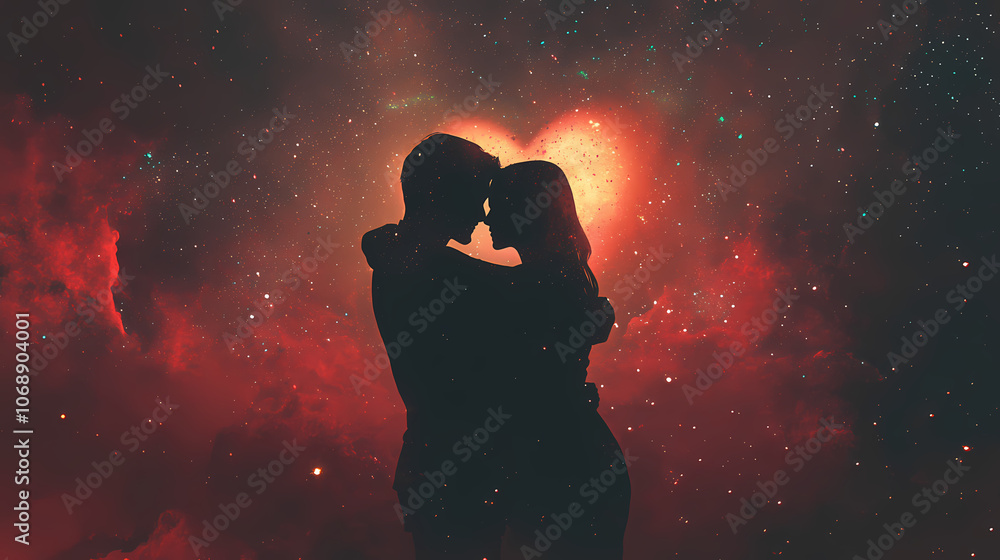 An ethereal scene of two lovers embracing in space, surrounded by constellations, with a glowing heart nebula illuminating the dark void, conveying cosmic love and connection. Cosmic. Illustration An ethereal scene of two lovers embracing in space, surrounded by constellations, with a glowing heart nebula illuminating the dark void, conveying cosmic love and connection. Cosmic. Illustration