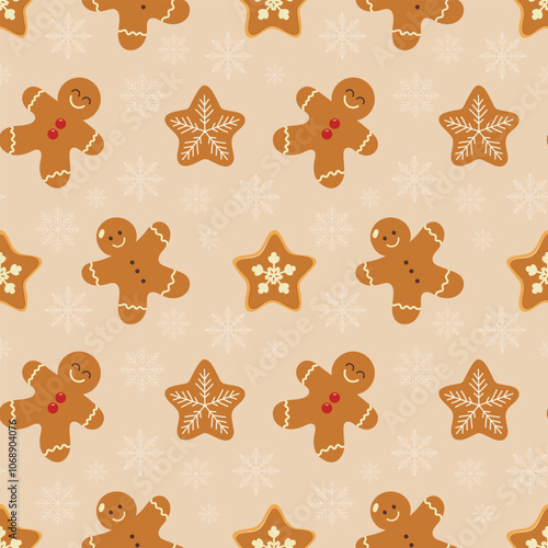 Christmas pattern with gingerbread man on a light background. Seamless background perfect for use in textiles, wallpapers, and festive decorations.