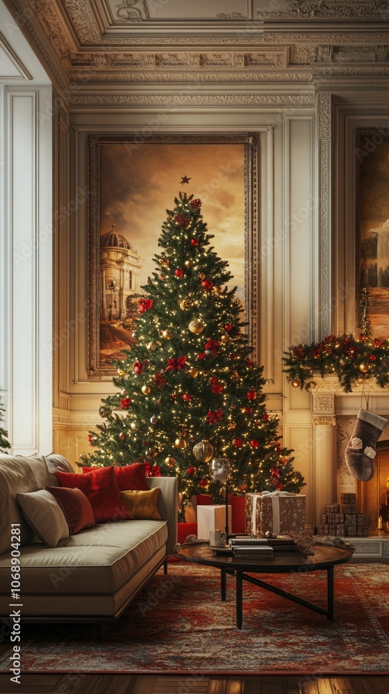 Elegant living room adorned with a majestic Christmas tree, twinkling lights, and festive decorations, creating a warm and inviting holiday atmosphere. Elegant living room adorned with a majestic Christmas tree, twinkling lights, and festive decorations, creating a warm and inviting holiday atmosphere.