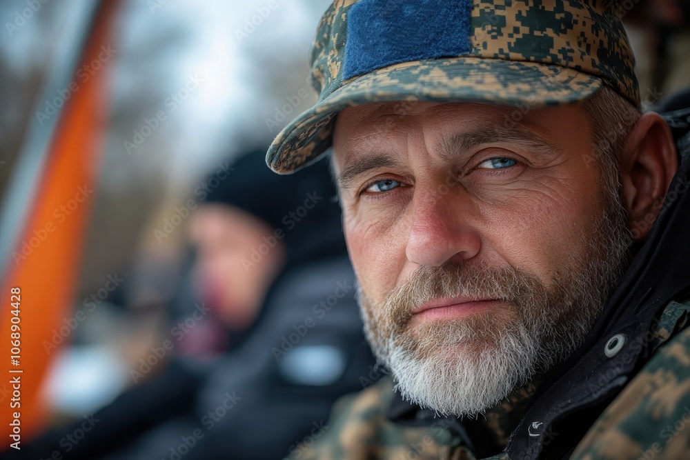 A contemplative bearded soldier in uniform looks into the distance, symbolizing strength, introspection, and resilience in a challenging environment. A contemplative bearded soldier in uniform looks into the distance, symbolizing strength, introspection, and resilience in a challenging environment.