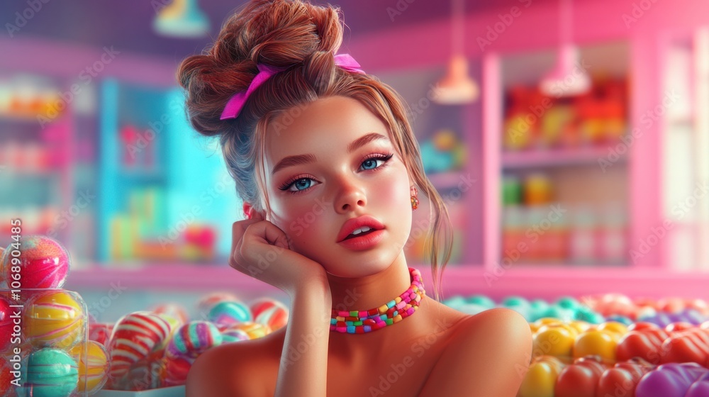 A cute girl with a trendy hairstyle and cute accessories, posing in a colorful candy shop A cute girl with a trendy hairstyle and cute accessories, posing in a colorful candy shop