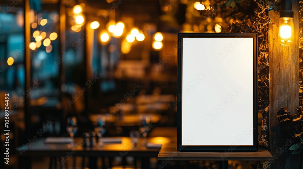 Illuminated blank billboard in cozy restaurant setting, surrounded by warm ambient lighting and blurred tables, perfect for mockup or advertising display. Illuminated blank billboard in cozy restaurant setting, surrounded by warm ambient lighting and blurred tables, perfect for mockup or advertising display.