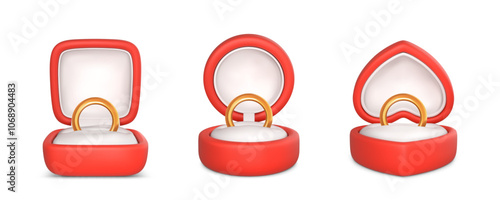 Engagement rings in open boxes. Wedding gold ring in red case. Accessory for marriage proposal. Vector illustration