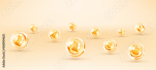 Cosmetic skincare product background. Liquid drops, cosmetic serum, gel or collagen texture. Abstract background with dynamic 3d spheres. Vector illustration of glossy balls