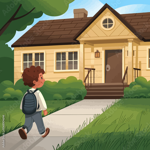 Child walking towards a yellow house, smiling.