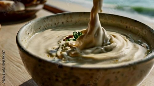 reamy delaware bisque filling bowl with coastal atmosphere in the background,delaware bisque filling bowl showcasing creamy texture in calm coastal setting photo