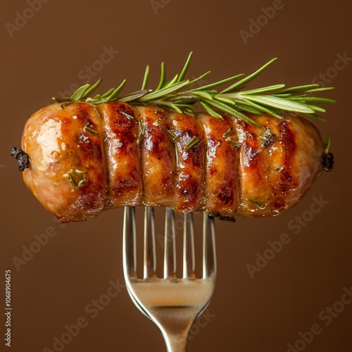 Delicious grilled sausages, seasoned with rosemary, are ready to eat. The sausages are on a fork, and the background is brown. photo