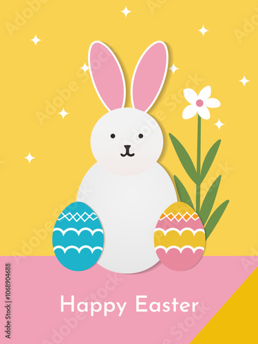 Happy Easter greeting card colorful flat geometric rabbit animal mosaic with spring nature , flyer, banner, social media poster vector,illustration