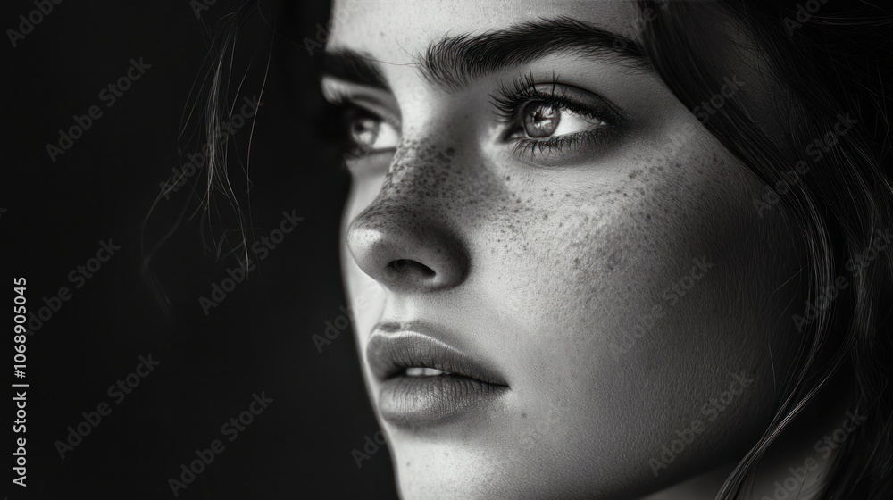 A female beauty in an artistic, monochrome portrait, her face softly lit, capturing an expression of serene introspection A female beauty in an artistic, monochrome portrait, her face softly lit, capturing an expression of serene introspection
