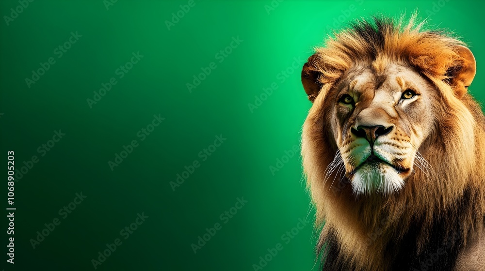Portrait of a lion on a green background in the studio. Lion with green screen, chroma screen background image. Lion Studio photo, image Concept for animal, zoology and capture for adverb. and banner Portrait of a lion on a green background in the studio. Lion with green screen, chroma screen background image. Lion Studio photo, image Concept for animal, zoology and capture for adverb. and banner