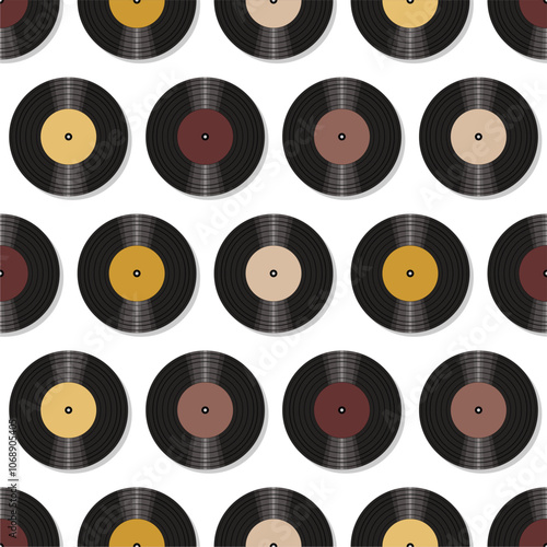 Seamless pattern print wallpaper with vinyl record discs music illustration vector retro style 60s, 70s, 80s, design art background for paper, textile, pack etc. 