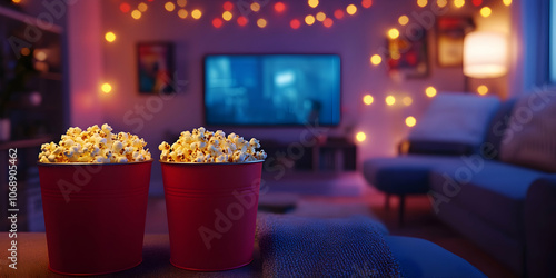 Two red popcorn buckets in a cozy home theater setting. 4k high quality image