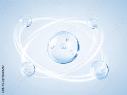 Transparent liquid collagen bubbles with molecules inside. Collagen skin serum. Cosmetic essence. Cosmetic skincare product. Concept skin care cosmetics solution