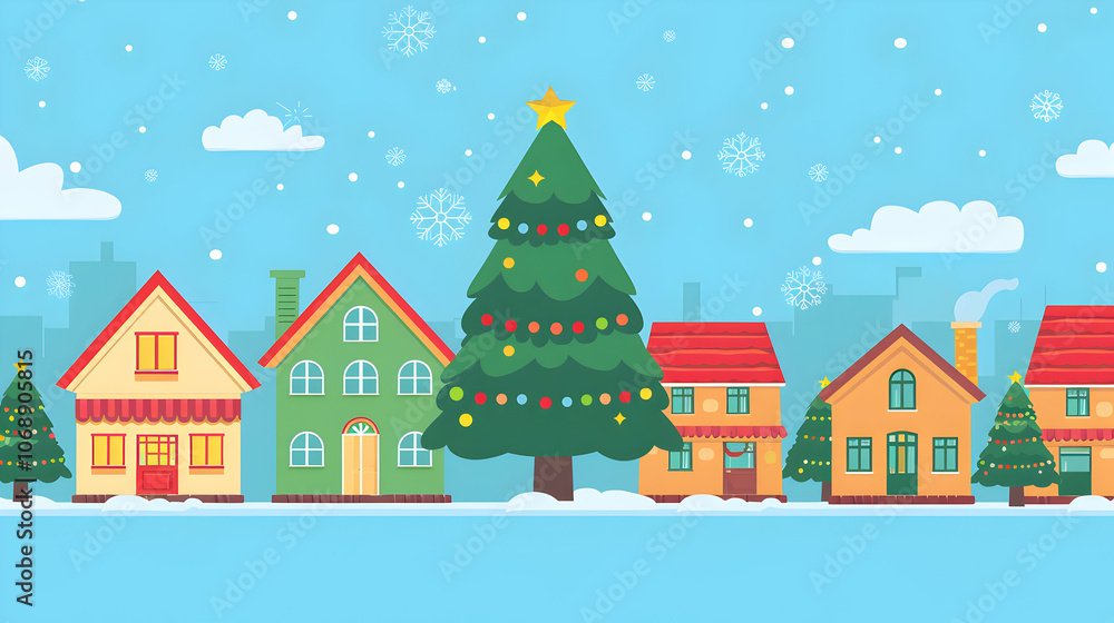 A festive winter scene with colorful houses and a decorated Christmas tree. A festive winter scene with colorful houses and a decorated Christmas tree.