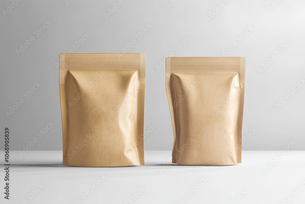 Two blank brown paper bags isolated on white background. Mockup for branding or design with copy space. Two blank brown paper bags isolated on white background. Mockup for branding or design with copy space.